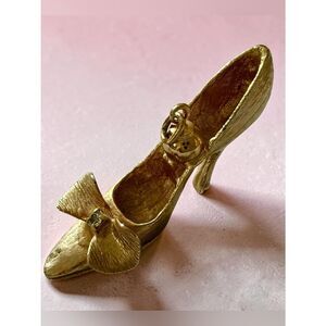 Vintage Women Gold Tone High Heel Shoe Charm Pendant Rhinestone Bow Chic